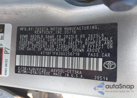 2016 Toyota Camry Se from USA, damaged, VIN 4T1BF1FK3GU256718